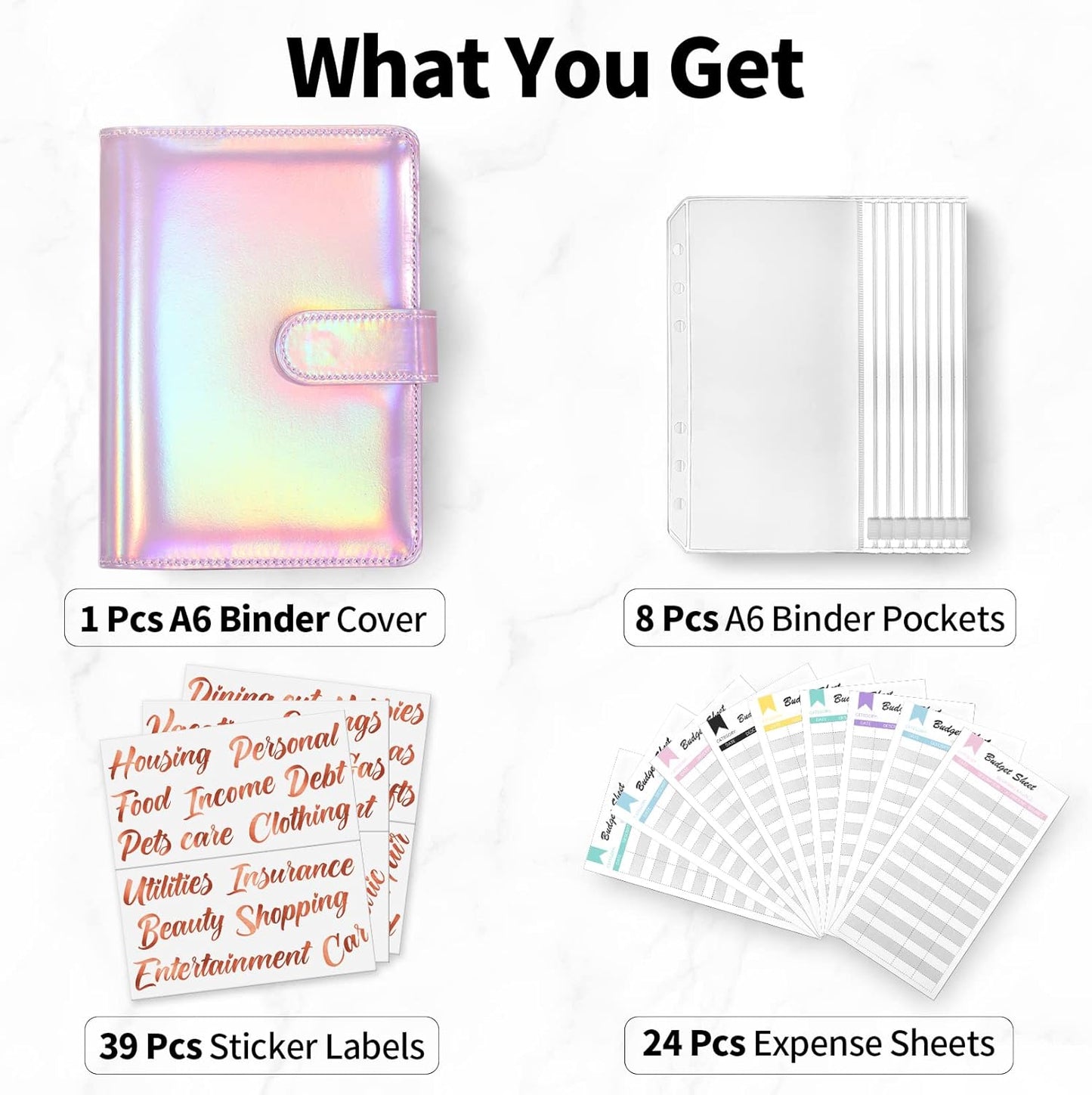 Sooez Money Organizer - A6 Leather Budget Binder with Zipper Envelopes & 43 Rose Gold Labels | Laser Pink