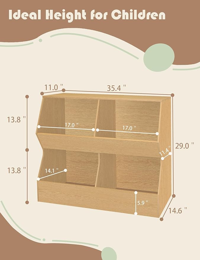 DINZI LVJ Kids Bookshelf, Toy Storage Organizer, Wooden Toy Cabinet, 4 Cubby Children Bookcase, 35.4" L Toddler Book Shelf for Living Room, Playroom, Nursery, Hallway, School, Natural