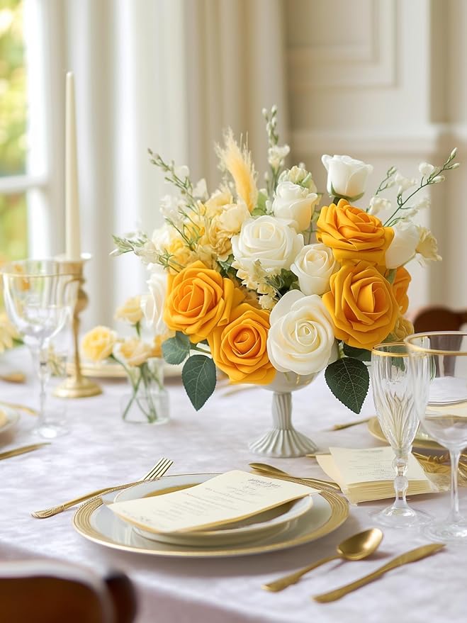 InnoGear Artificial Flowers, 50 Pcs Yellow Foam Fake Roses Bulk with Stems for Autumn Fall Decoration DIY Wedding Bouquets Centerpieces Bridal Shower Party Christmas Tree