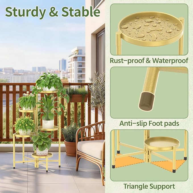 LASZOLA 5 Tier Large Plant Stand Indoor Tall with 10 Inch Metal Tray, Corner Folding Flower Display Rack, Modern Plant Holder Shelf for Outdoor Patio Porch Garden Office Living Room, Gold