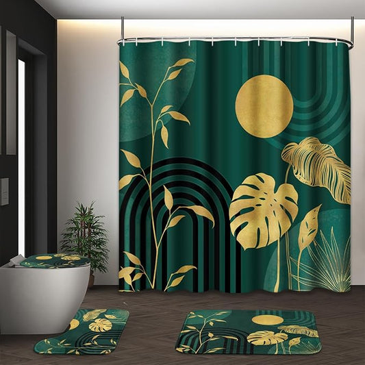 Boho Green Shower Curtain Set with Toilet Lid Cover and Non-Slip Rugs, Tropical Botanical Abstract Green Gold 4 Pcs Modern Minimalist Vintage Shower Curtain for Bathroom Set with 12 Hooks