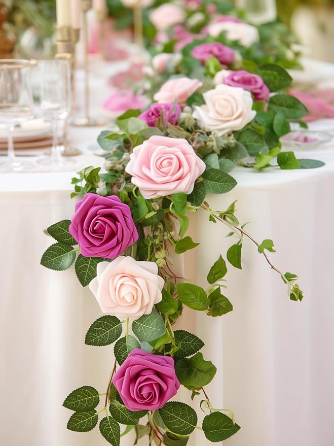 InnoGear Artificial Flowers, 50 Pcs Fuchsia Rose Foam Red-Violet Fake Roses Bulk with Stems for Decoration DIY Wedding Bouquets Centerpieces Bridal Shower Party Christmas Tree