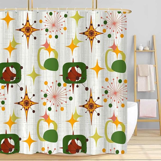 Mid Century Shower Curtain, 72x72inch, Modern Abstract Retro Green Striped Geometric Shower Curtain Sets 1950s Boho Bathroom Shower Curtain with 12 Hooks