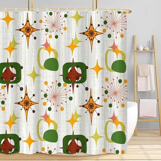 Mid Century Shower Curtain, 72x78inch, Modern Abstract Retro Green Striped Geometric Shower Curtain Sets 1950s Boho Bathroom Shower Curtain with 12 Hooks