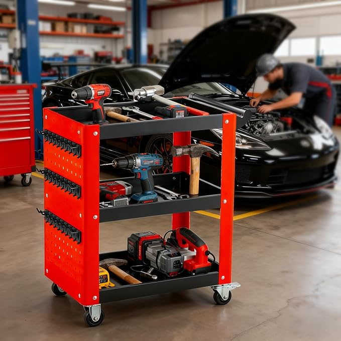 3-Tier Rolling Tool Cart with Pegboard, Heavy Duty Mechanic Utility Cart 1000LBS Load Capacity for Repair Shop, Garage, Warehouse & Workshop (Red & Black)