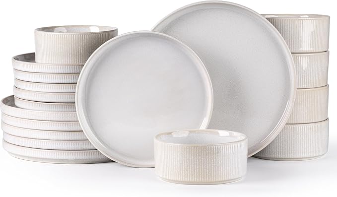 GBHOME 24-Piece Stoneware Dinnerware Set for 8 – Ribbed Ceramic Plates and Bowls, Scratch-Resistant, Microwave & Dishwasher Safe, Reactive Glaze, Sugar White