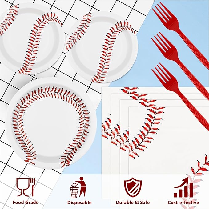 96 PCS Baseball Party Supplies, Disposable Tableware Set Baseball Paper Plates Napkins Forks, Sports Theme Dinnerware for Boy Birthday Baby Shower Thanksgiving Christmas Party Decor, Serves 24 Guests