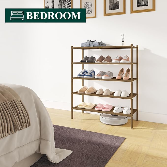 Smiry Bamboo Shoe Rack, 5 Tier Shoe Organizer for Entryway & Closet, Stackable Free Standing Storage Shelf for Shoes, Bags & Plants, Walnut