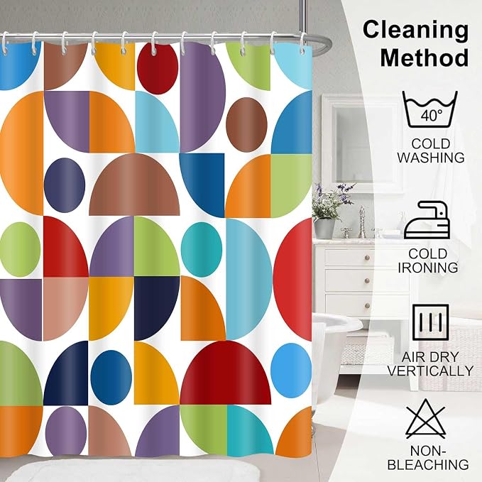 Colorful Modern Geometric Shower Curtain Vintage Mid Century Boho Abstract Art Bathroom Curtain Decor 72x72 Inch Washable Fabric Retro Bright Cute Circle Patterned Bath Curtain with 12 Hooks