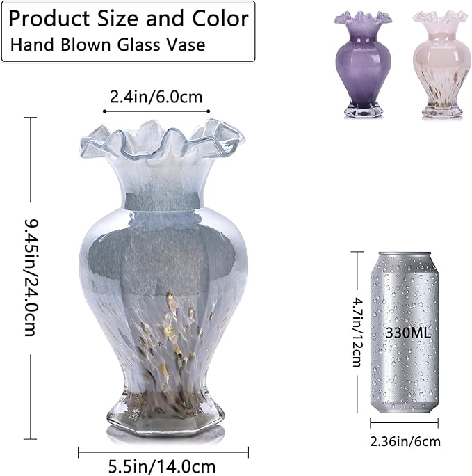 9.5" Tall Blue Glass Vase Beautiful Hand Blown Glass Decor Flowers Vases for Centerpieces, Modern Murano Glass Art Colorful Blue and White Vase, for Home Decor Table Entryway Wedding Decoration