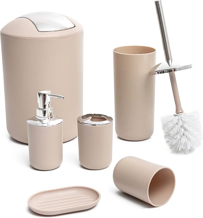 Moss & Stone 6-Piece Bathroom Accessories Set, Includes Soap Dispenser, Toothbrush Holder, Toothbrush Cup, Soap Dish, Complete Bathroom Decor Set (Beige)