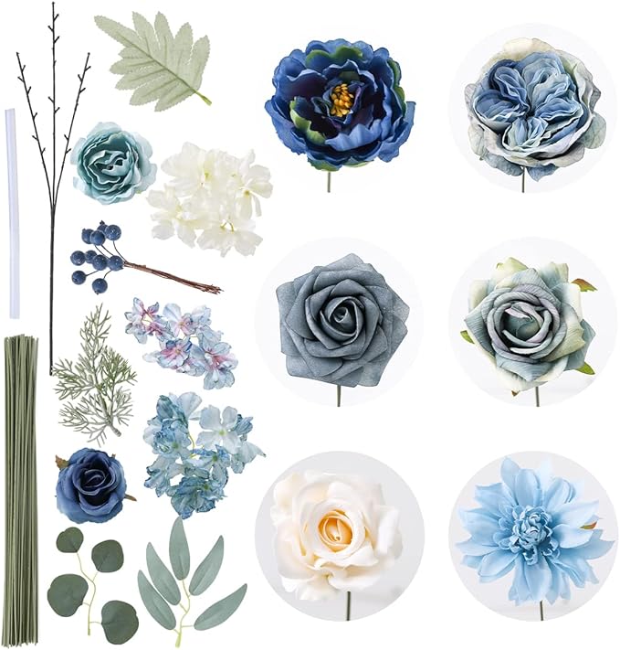 Floweroyal 2 Layers Artificial Flowers Combo Dusty Blue Flowers Mix Silk Flowers Dahlia Roses with Stems for Wedding Bridal Bouquets, Baby Shower, Floral Arrangement, Table Centerpieces