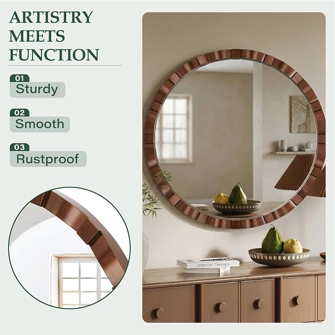 Round Wood Wall Mirror - 31.5" Farmhouse Rustic Wall Decorative Mirrors, Wooden Circle Boho Accent Mirror for Living Room, Bedroom, Bathroom, Entryway, Hallway, Fireplace (Walnut)