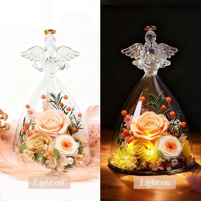 Christmas Rose Gifts for Women, 7" Champagne Preserved Roses Flowers in Glass Angel Figurine, Birthday Gift for Mom Wife Grandma, Eternal Rose for Mothers Day Valentines Anniversary