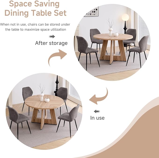 47" Round Dining Table Set for 4 with Chairs Circle Kitchen Table and Chairs Set Mid-Century Modern Chair with Metal Legs for Apartment Living Room(1 Natural Table + 4 Gray Chairs)