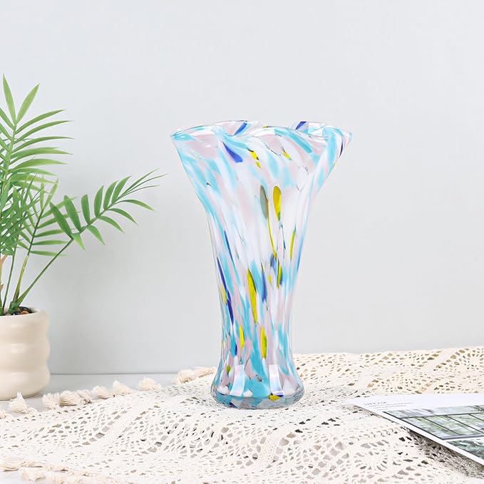 9.0" H Blue Glass Vases for Flowers, Unique Hand Blown Glass Vase Blue Home Decor, Wide Mouth Colorful Flower Vase Centerpieces, for Living Room Table Bookshelf, Bathroom Office Shelf Decorative