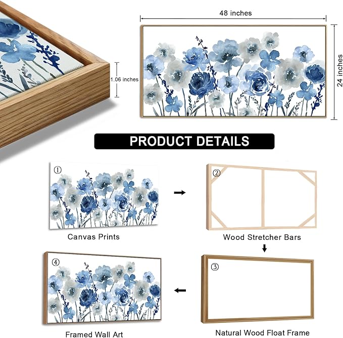 Framed Flowers Canvas Wall Art - Indigo Floral Canvas Pictures Living Room Wall Decor Botanical Canvas Prints Painting Abstract Artwork Bedroom Office Home Decor 24"x 48"