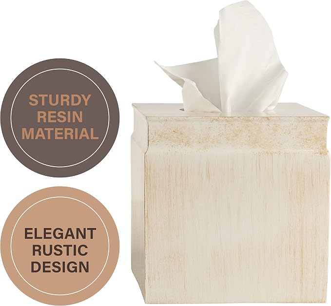 Creative Scents Rustic Luxe Tissue Box Cover Square – Beige Tissue Box Holder with Oval Opening, Modern Farmhouse Bathroom Accessories Decor
