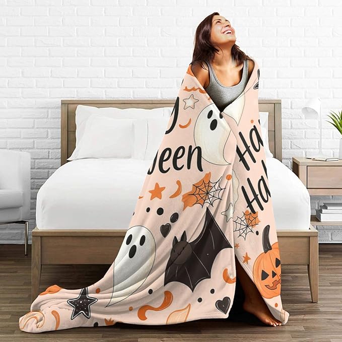 Happy Halloween Blanket Pumpkin Throw Blanket Pink Cute Bat Ghost Soft Cozy Fleece Fuzzy Stuffed Plush Flannel Gifts for Girls Women Boys Kids Adults 40''x50''
