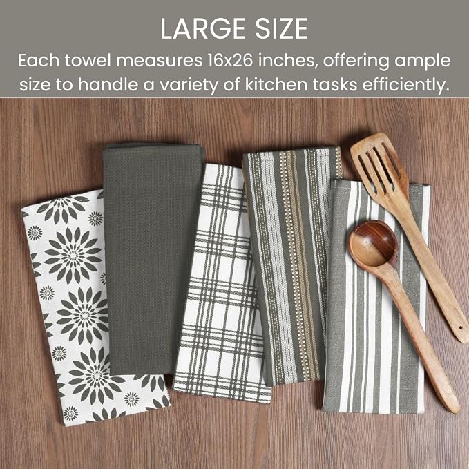 Assorted Kitchen Towels Large 16x26 inches 100% Cotton Set of 5 - Soft Absorbent Tea Towel for Kitchen - Quick Drying Dish Towels - Dish Cloths with Hanging Loop - Grey