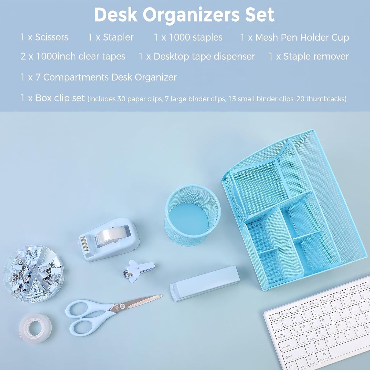SKYDUE Office Supplies Set - Blue Mesh Desk Organizer with Stapler, Tape Dispenser & Scissors | 1000 Staples Included