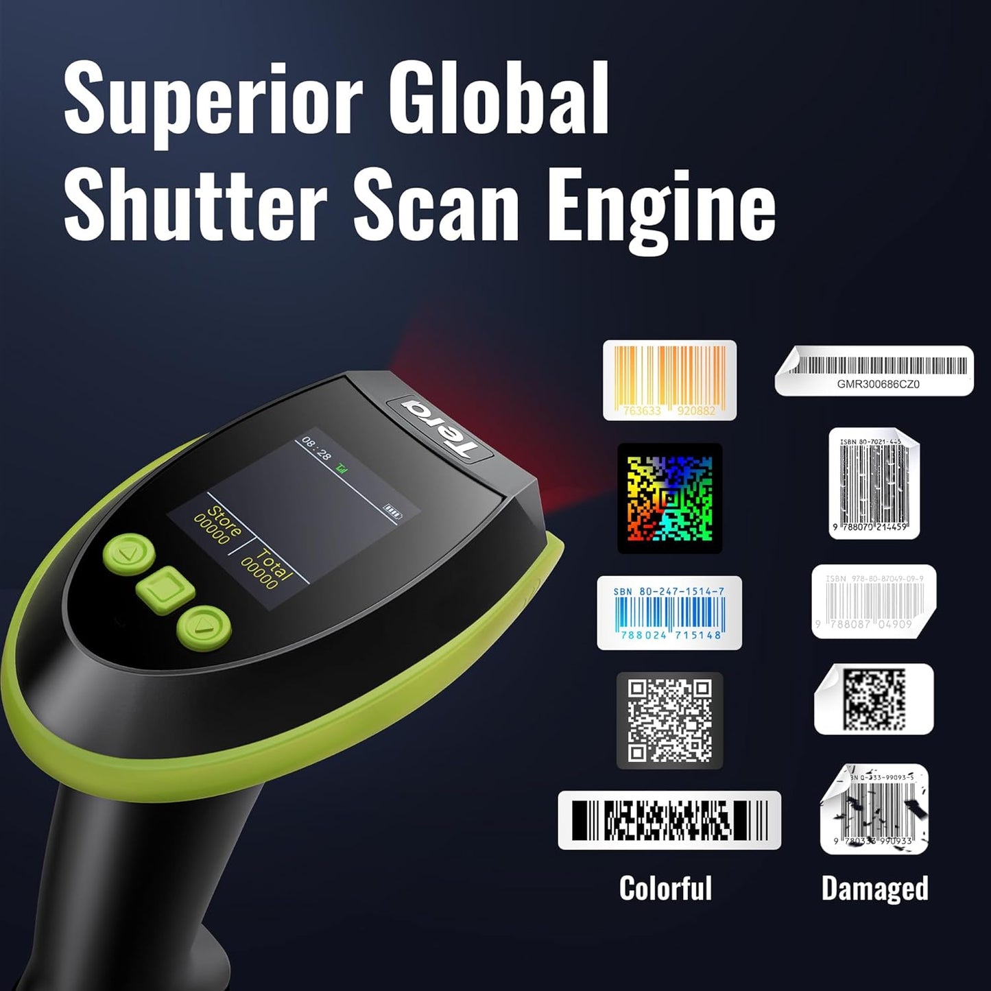 Tera Wireless Barcode Scanner - Pro 1D/2D QR Reader with Screen & Charging Cradle | Green