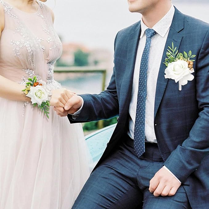 2 Pcs White Wrist Corsage and Boutonniere Set, Rose Corsage Hand for Women, Boutonniere for Men Wedding Flowers Accessories Prom Decor Party Suit Decoration (White)
