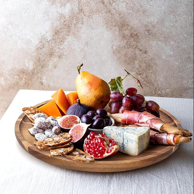 Acacia Round Wood Tray Decorative Serving Trays for Ottoman Coffee Table Candle Holder Tray Kitchen Counter Island Accents Home Decor Circle Circular Wood Centerpiece Trays for Dining Room Table