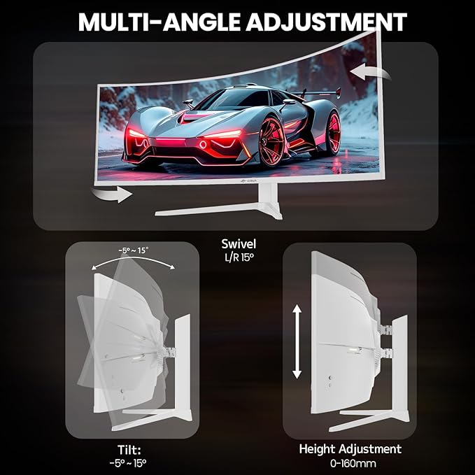CRUA 49" White Curved Monitor | DQHD(5120 * 1440), 120Hz, 1500R, 32:9, AMD FreeSync, 120% sRGB, Height Adjustable Ultra-Wide Screen Computer Monitors, HDMI 2.1 & DP 1.4, Wall Mount Install