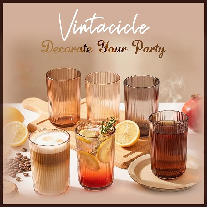 Melanin Colored Ribbed Highball Glasses Set of 6, 13.2oz Vintage Melanin Colored Glassware, Drinking Glasses for Water, Juice, Iced Coffee, Cocktails, Ribbed Glass Cups, Housewarming Christmas Gift