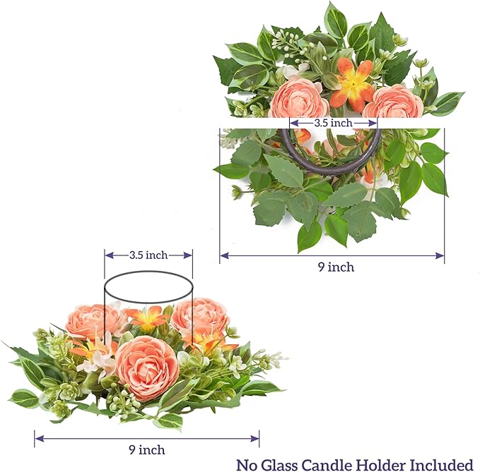 WELL KNOWN 2 Pcs Mini Spring Floral Candle Rings Wreaths for Pillars Home Table Window Decor, 9 Inches Artificial Flower Cabinet Wreath for Kitchen Farmhouse Wedding Party (Peach Ranunculutus)