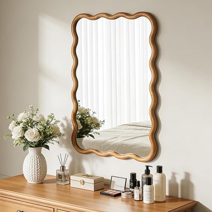 WallBeyond 24"x36" Wavy Wood Mirror, Natural Wood Boho Accent Wall Mirror with Wooden Frame, Decorative Wall Mounted Mirror for Horizontal or Vertical Hanging in Bathroom, Bedroom, Living Room