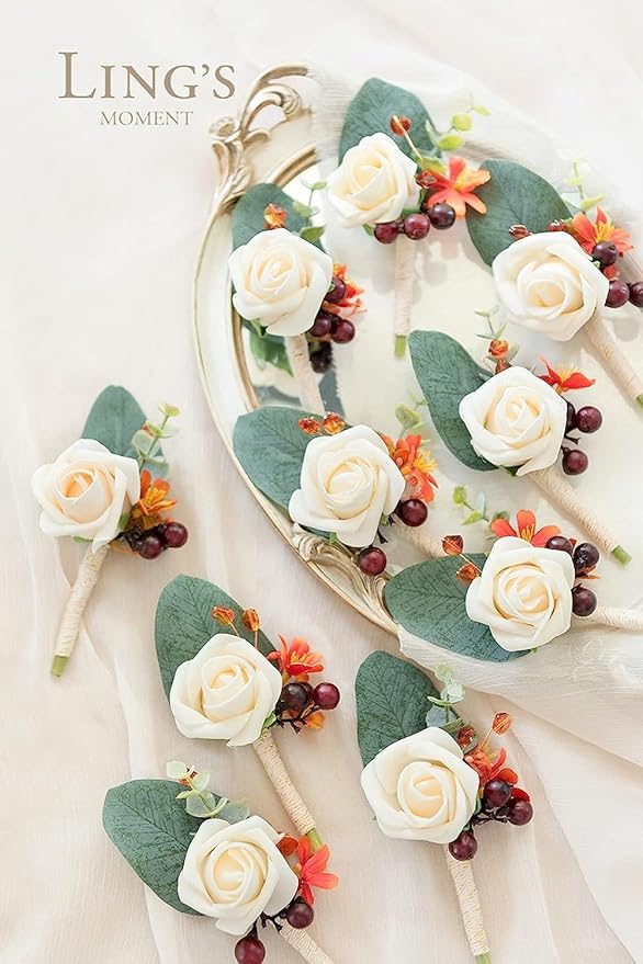 Ling's moment Artificial Wedding Flowers 1.5" Rose Buds and 2" Petite Roses 25pcs Cream w/Stem for DIY Wedding Boutonniere Wrist Corsages Bouquets Centerpieces Arrangements