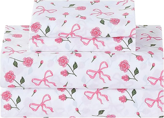 Softan Pink Floral Twin Bed Sheets, Cozy Microfiber Flower Printed Sheets with 15" Deep Pocket Fitted Sheet & Non-Slip Straps, Patterned Pink Rose - Bow Sheets & Pillowcase Set