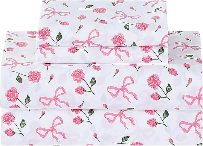 Softan Pink Floral Full Bed Sheets, Cozy Microfiber Flower Printed Sheets with 15" Deep Pocket Fitted Sheet & Non-Slip Straps, Patterned Pink Rose - Bow Sheets & Pillowcase Set