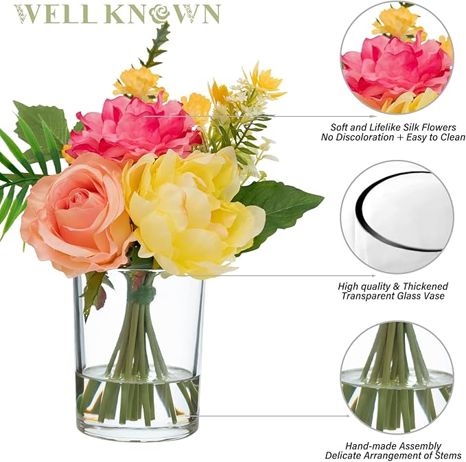 WELL KNOWN Artificial Flowers in Glass Vase, Silk Rose Peony Flower Bouquet for Home Dinning Tea Table, Office Desktop, Hotel, Wedding, Party, Lavatory Decor & Gift (Hot Pink, Coral & Yellow)