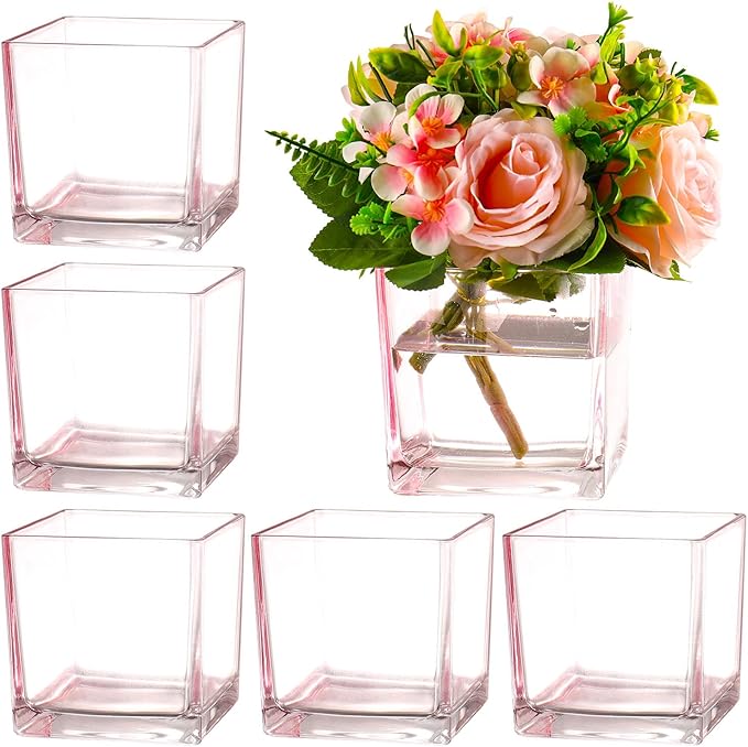 Square Pink Glass Vases Set of 6, 5" x 5" x 5" Flower Vases for Centerpieces, Square Vase for Centerpieces, Small Vase for Wedding, Party, Home Office Decoration