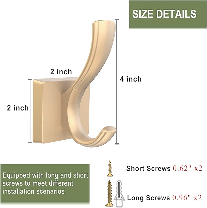 TOFIIGREM Gold Towel Hooks for Wall, Heavy Duty Thick Metal Bathroom Coat Hooks for Hanging Key Robe Hat Backpack, Wall Mount Hooks Bath Kitchen Garage Hooks(8 Pack, Gold)