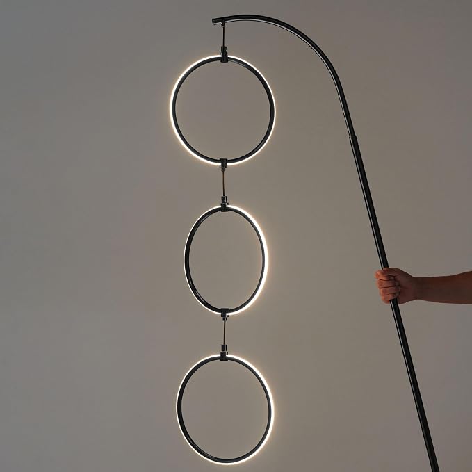 Brightech Nova Modern Floor Lamp Matches Living Room Décor - Contemporary Arc Tall Lamp with 3-Circle Ring-Style Pendant - Over The Couch Standing on Arching Pole - Eclectic- Black