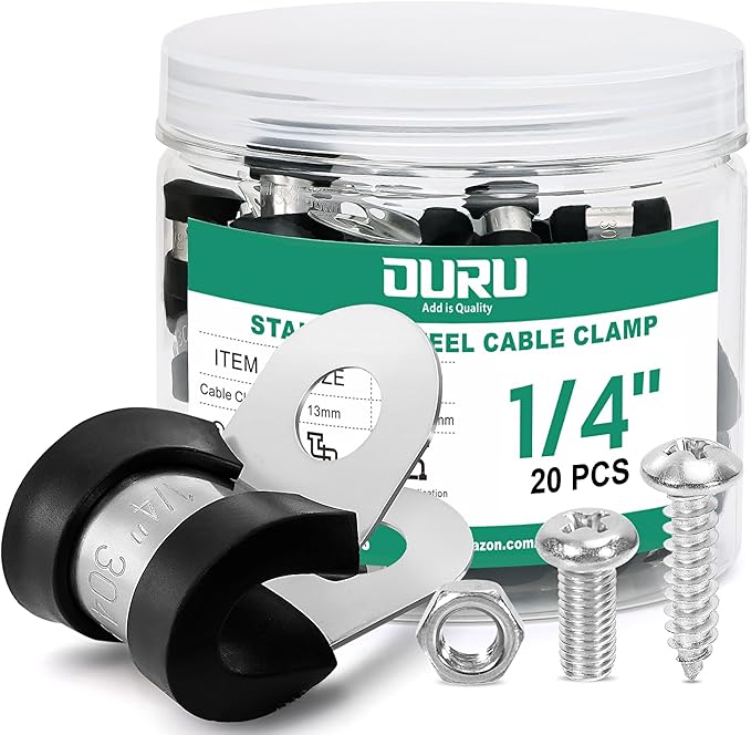 OURU 20PCS 1/4 Inch Cable Clamps with 45PCS Screws Assortment Kit 304 Stainless Steel Rubber Cushioned Insulated Cable Clamp, Automotive Wire Pipe Clamps(6mm)