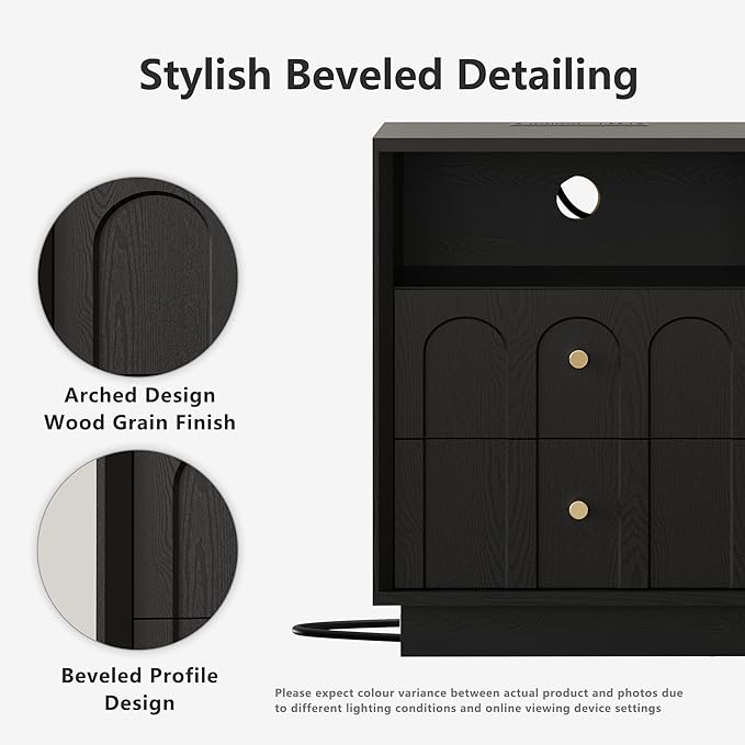 Nightstand with Charging Station, Modern Nightstand with Arched Design, Minimalist End Table with Wood Grain Texture, Bedside Table for Bedroom Living Room Sofa Office, Black