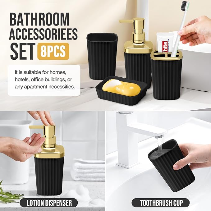 Bathroom Accessory Set, Shower Curtain Set, Toilet Brush, Trash Can & Soap Dispenser (Black Gold, Plastic)