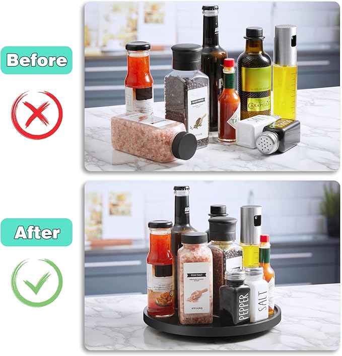 9" Wood Lazy Susan Turntable Organizer, Lazy Susan for Table Top Cabinet Dining Pantry Countertop Cupboard Organization, Decorative Tray for Kitchen Bathroom Decor Coffee Bar Accessories, Black