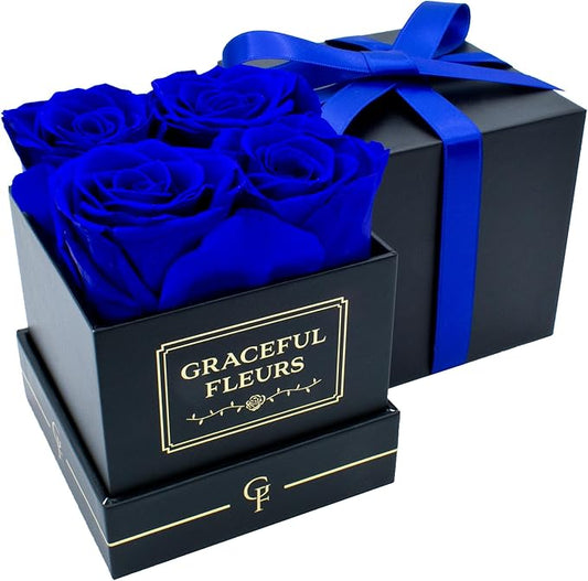 Graceful Fleurs | Real Long Lasting Roses for Years | Preserved Fresh Flowers for Delivery Birthday | Birthday Gifts for Women | Forever Roses in a Box (Blue, Black Box, 4 Roses)