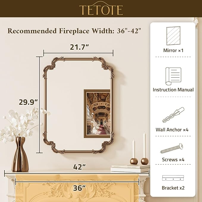 TETOTE Vintage Baroque Gold Rectangle Mirror for Wall 22 x 30 Antique Brass Scroll Frame French Mantle Mirror for Fireplace Bathroom Living Room Bedroom Decor, Horizontal/Vertical