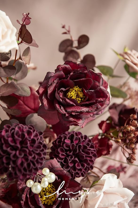 Ling's moment Fake Flowers Box, Faux Artificial Greenery Stems Foam Roses Dahlia Silk Peonies Eucalyptus Fabic Flower for Centerpieces Bouquet Wedding Vase, Dusty Rose & Burgundy, Deluxe Combo