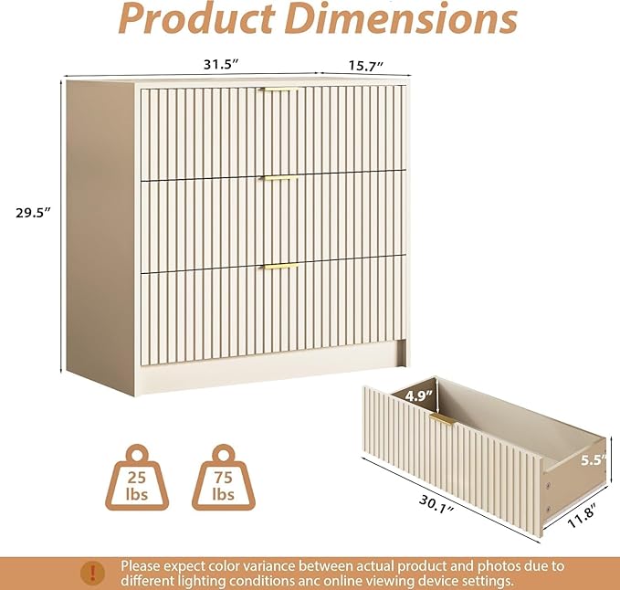 3 Piece Dresser Bedroom Set, 7 Drawer Dresser & 3 Drawer Nightstands with Gold Handles, Fluted Wood Chest of Drawers for Bedroom, Living Room, Entryway, Beige