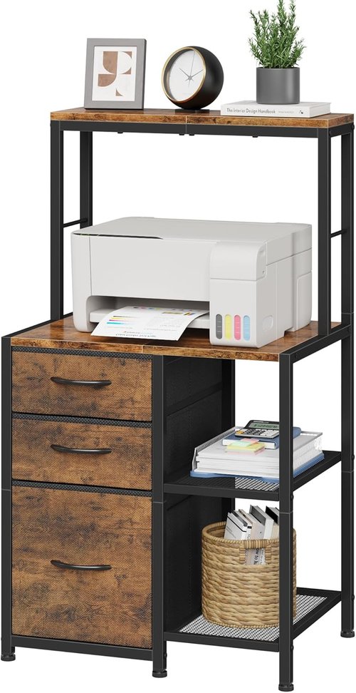 HIGDBFE File Cabinet - 3 Fabric Drawers & 4 Open Shelves - Rustic Brown Office Storage Solution