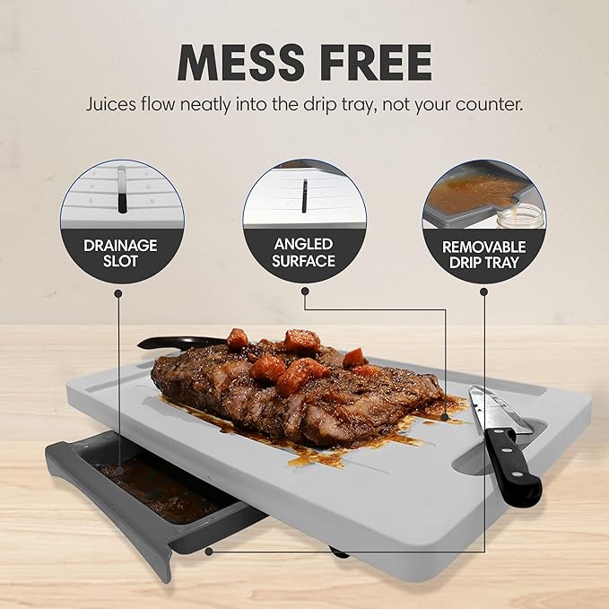 XL Meal Prep System Cutting Board - Large Cutting Board with Juice Groove, Spikes, Drip Tray & Removable Surface - Carving Board - BBQ Essential & Kitchen Gifts - BPA Free Cutting Board - Grey