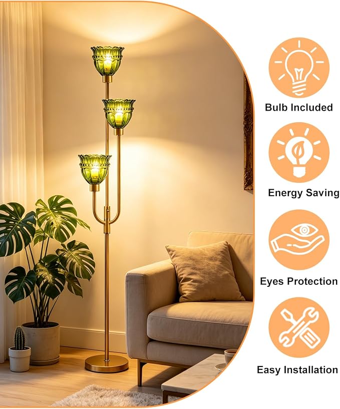 Lightdot 66IN 3-Lights Modern Glass Floor Lamp Gold Dimmable Floor Lamps with 3000K Warm White Bulbs for Wedding Party Tall Standing Lamp with Green Glass Shade for Living Room/Bedroom/Home Decor